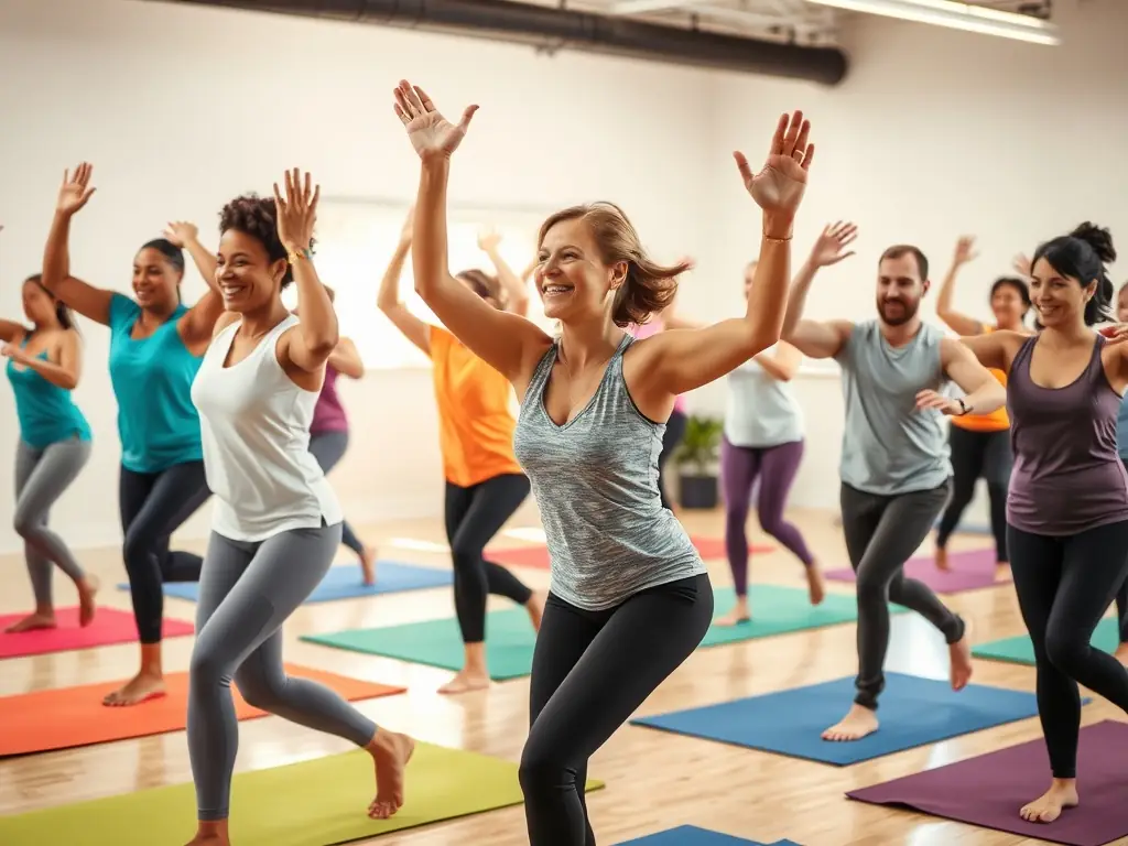A group of diverse participants practicing acrobatics under the guidance of an instructor in a bright, open studio, highlighting the inclusive and educational environment of BETON BRUME's workshops.