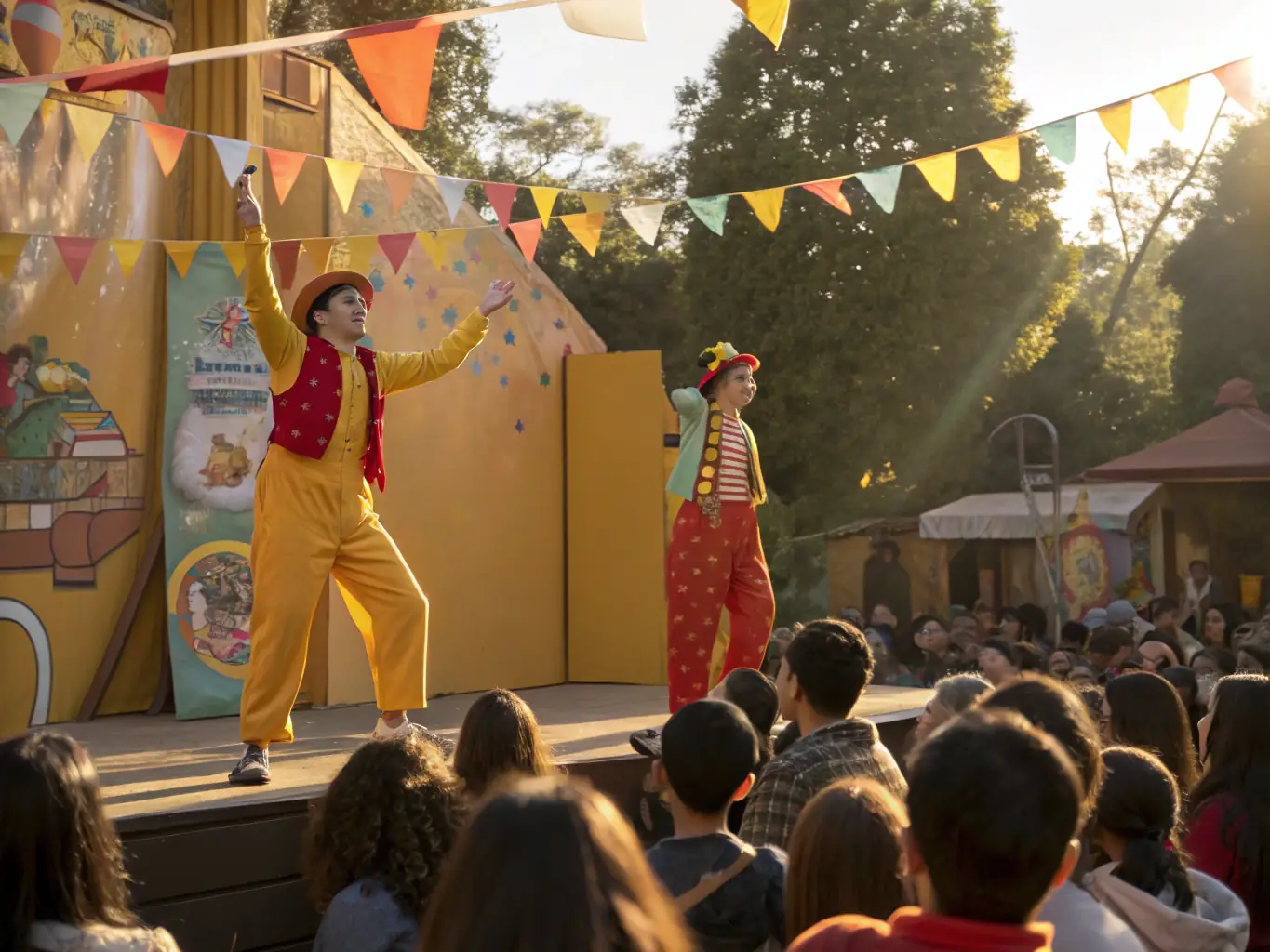 A lively outdoor festival scene with performers, audience members, and colorful decorations, capturing the vibrant atmosphere of BETON BRUME's community events and festivals.
