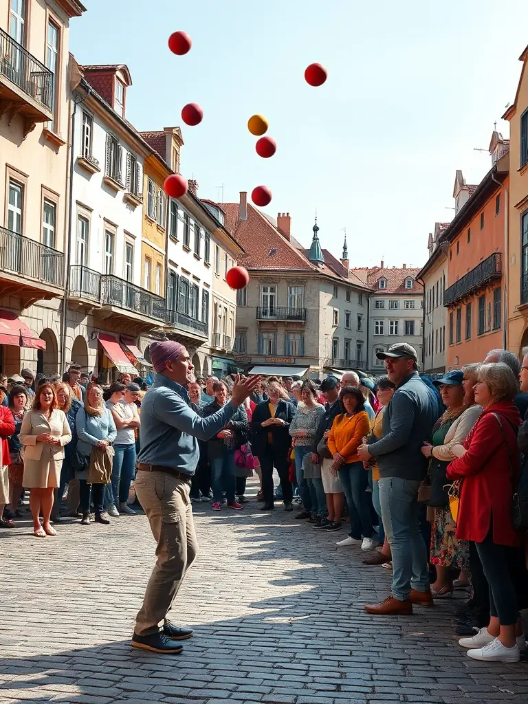 A group of participants engaged in a juggling workshop, demonstrating the hands-on learning and skill development offered by BETON BRUME's workshops and training programs.