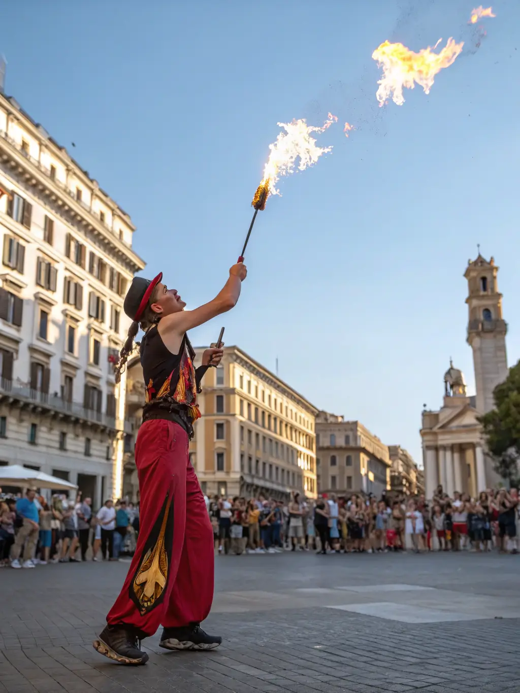 A vibrant image capturing a juggler mid-performance during an urban circus event, showcasing the energy and skill involved in BETON BRUME's urban circus performances.